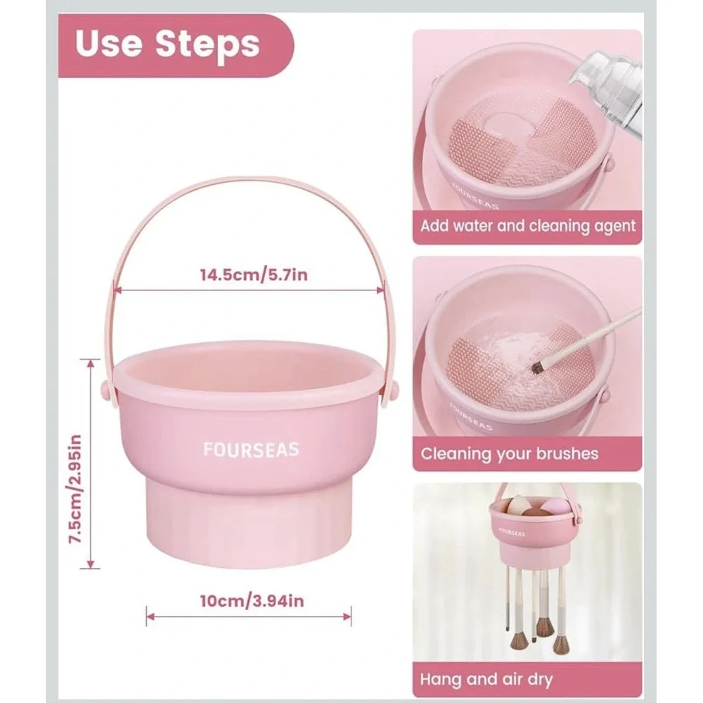Makeup Brush Cleaner Mat 3 in 1 Silicone Makeup Brush Cleaner Bowl Cosmetic Pink